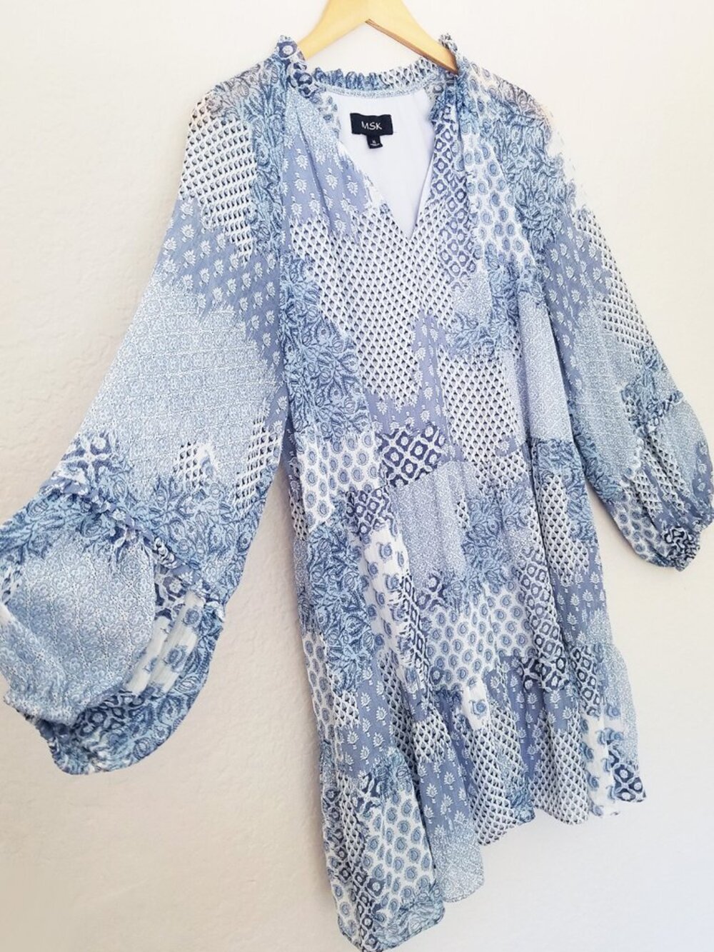 MSK Ruffle V Neck Baby Doll Dress XL Chiffon Patchwork Blue Shimmer Boho Cottage
